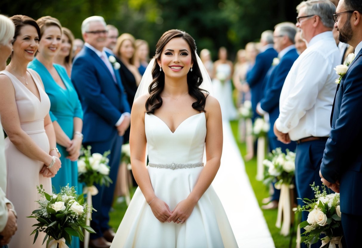 A bride stands confidently at the end of the aisle, smiling as she looks ahead, surrounded by friends and family