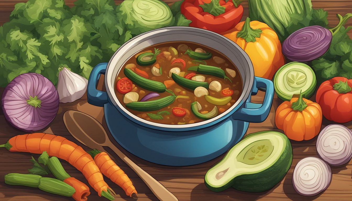 A pot of simmering gumbo with okra replacing zucchini, surrounded by colorful vegetables and spices