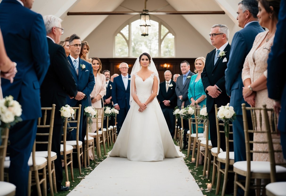 A bride stands alone at the end of an aisle, gazing ahead with determination as her father watches from the crowd