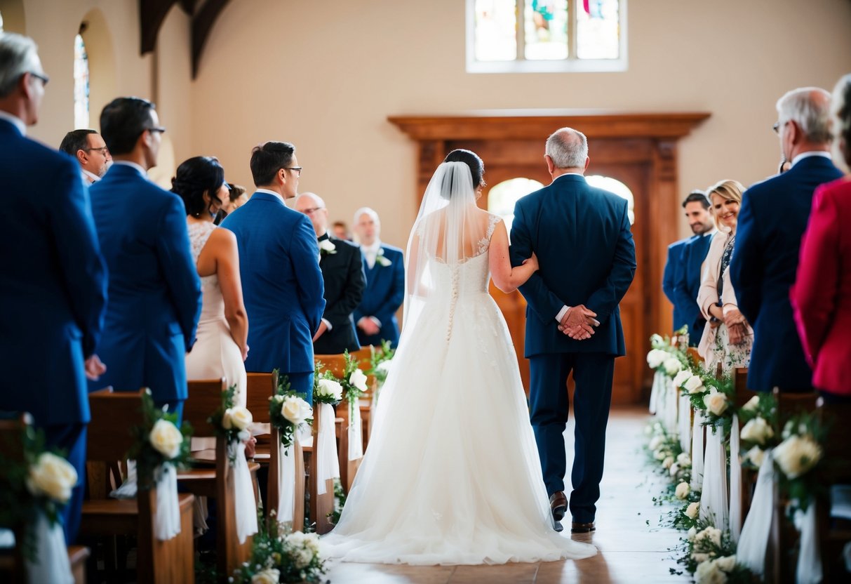 A bride stands at the start of an aisle, looking back at her father with uncertainty. He waits at the other end, expectantly