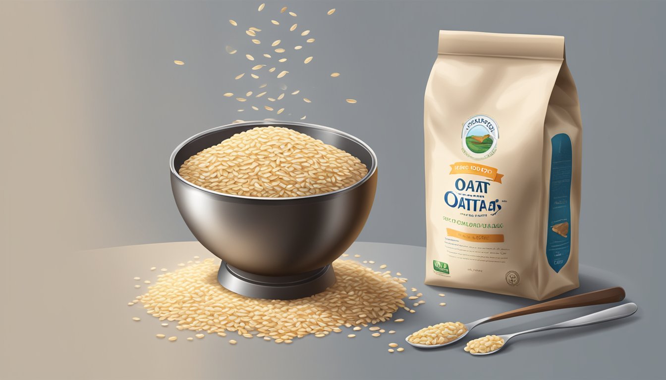 A bowl of oat groats pouring into a pot of boiling water, next to a bag of steel cut oats