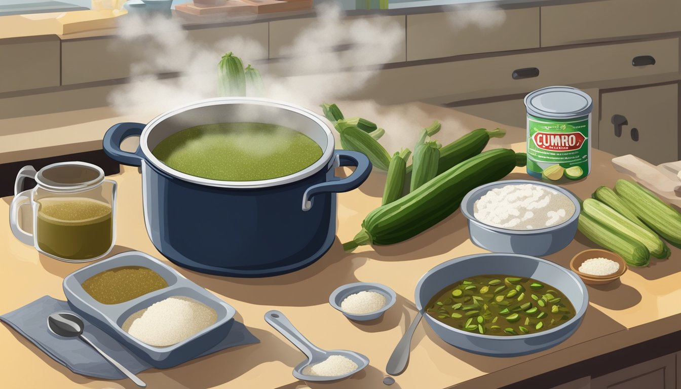 A steaming pot of gumbo with okra replacing zucchini, surrounded by various thickening agents such as flour, roux, and file powder on a kitchen counter