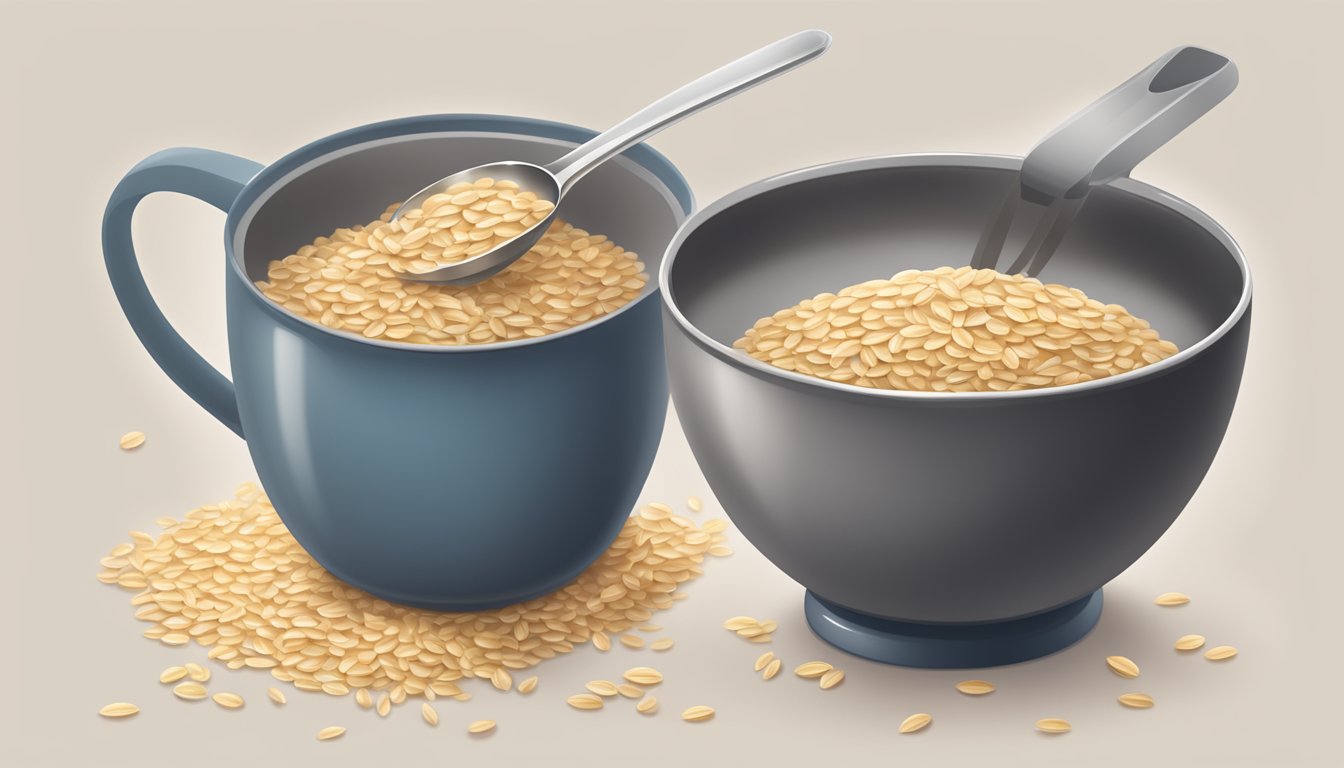 A bowl of oat groats pouring into a pot of boiling water, with a measuring cup and spoon nearby