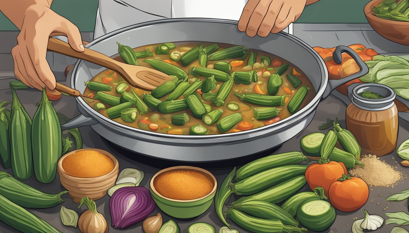 A chef adds sliced okra to a simmering pot of gumbo, replacing zucchini. Fresh vegetables and spices surround the scene