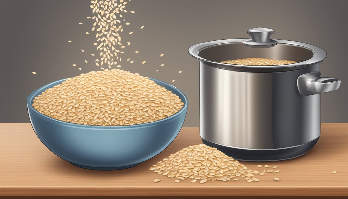 A bowl of oat groats pouring into a pot of boiling water, with a bag of steel cut oats next to it