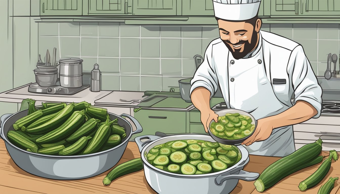 A chef swaps okra for zucchini in a bubbling pot of gumbo, carefully slicing and adding the okra to the mixture