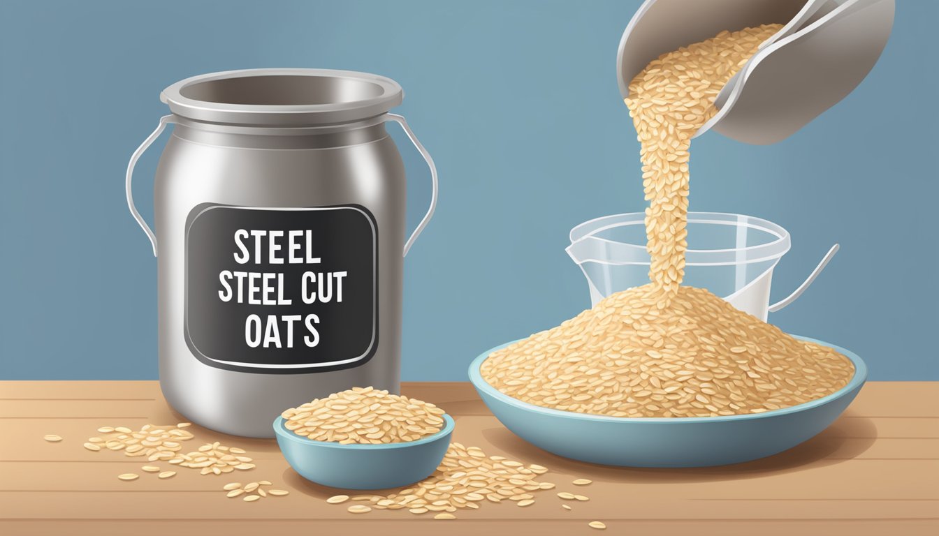 A bag of oat groats being poured into a container labeled "Steel Cut Oats," with a measuring cup next to it