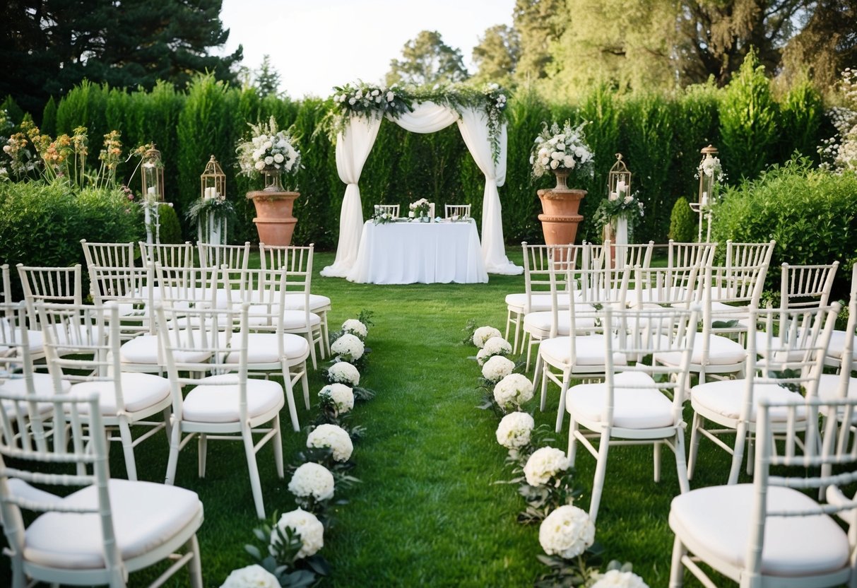A serene outdoor wedding ceremony with elegant decor and seating, surrounded by lush greenery and flowers, with no children present