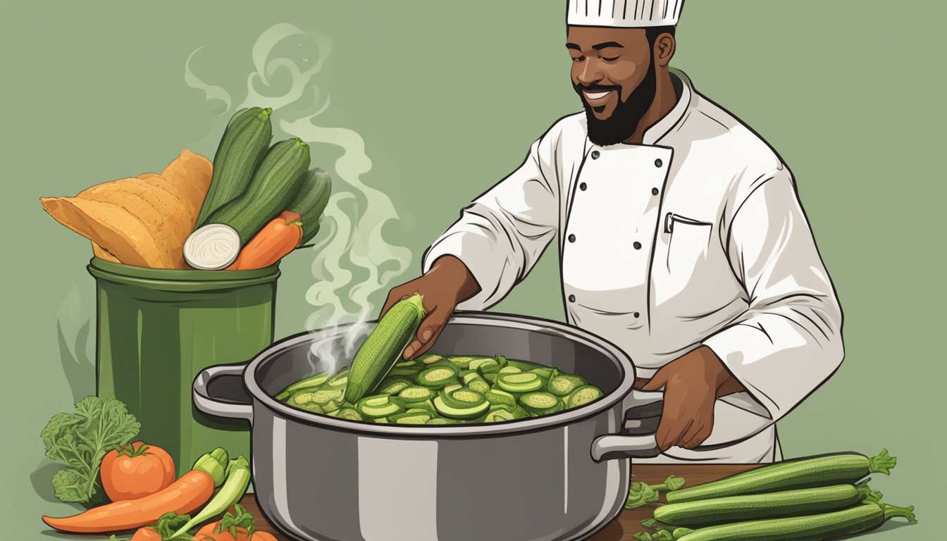 A chef swapping okra for zucchini in a bubbling pot of gumbo, carefully stirring in the substitute vegetable