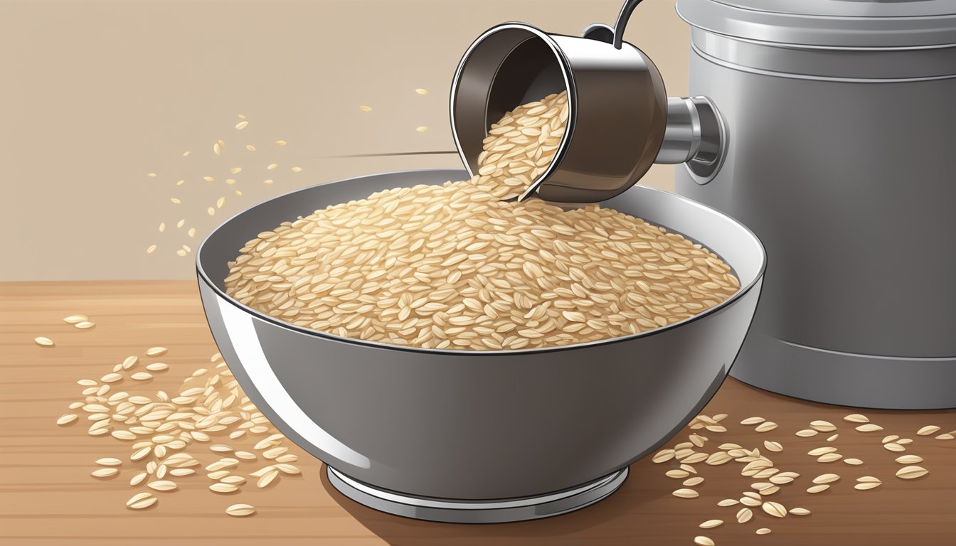 A bowl of oat groats pouring into a pot of boiling water, with a bag of steel cut oats sitting nearby