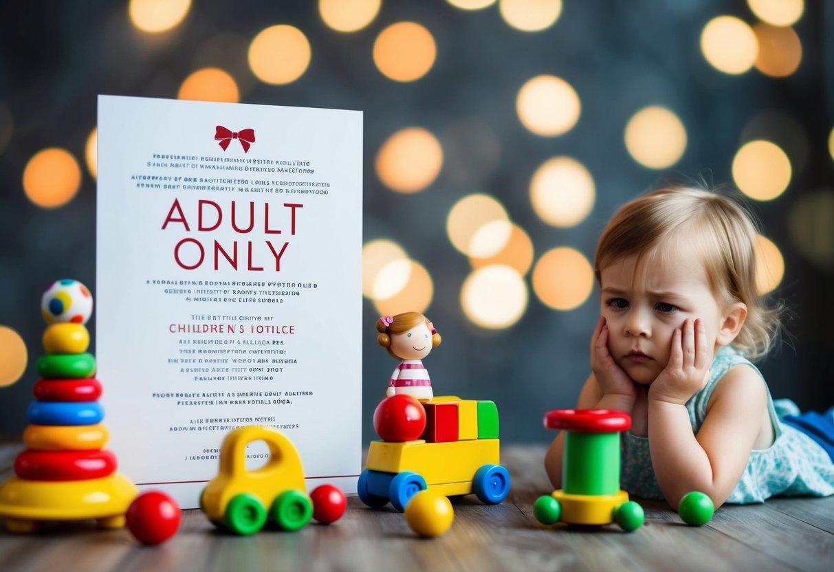 A wedding invitation with an adult-only notice, surrounded by playful children's toys and a disappointed child looking on