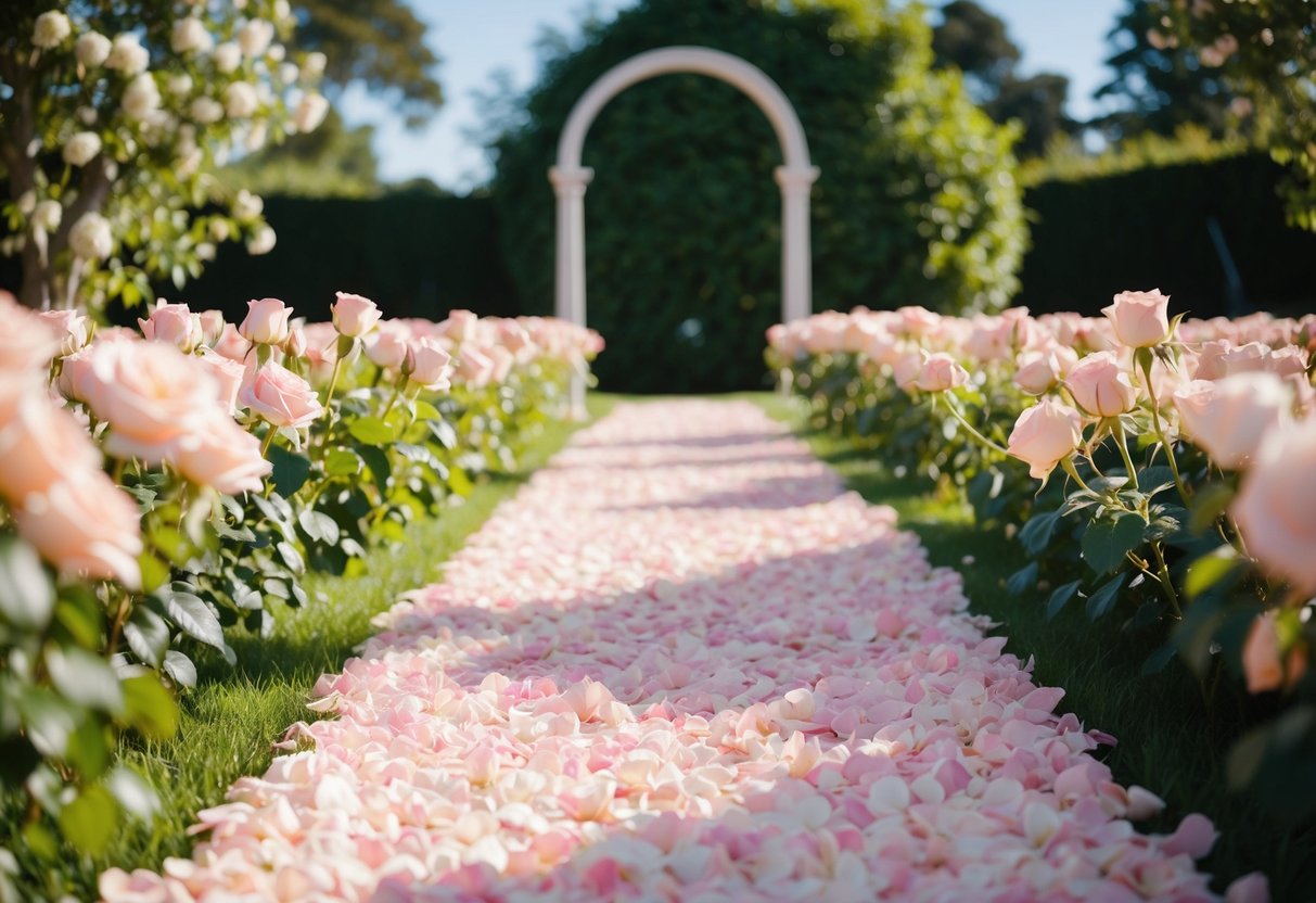 A lush, fragrant rose petal aisle stretches out in a sunlit garden, leading to an elegant archway