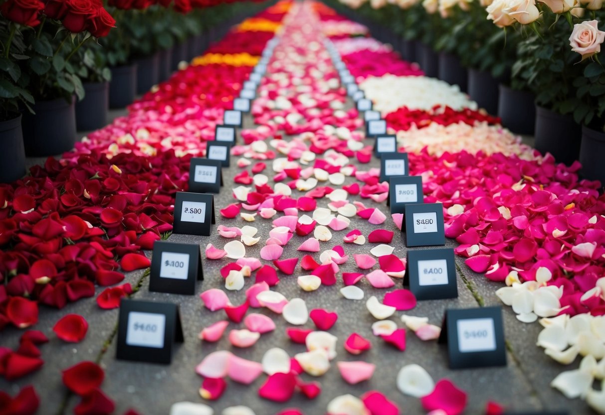A pathway lined with various rose petals in shades of red, pink, and white. Prices displayed on small tags next to each type of petal
