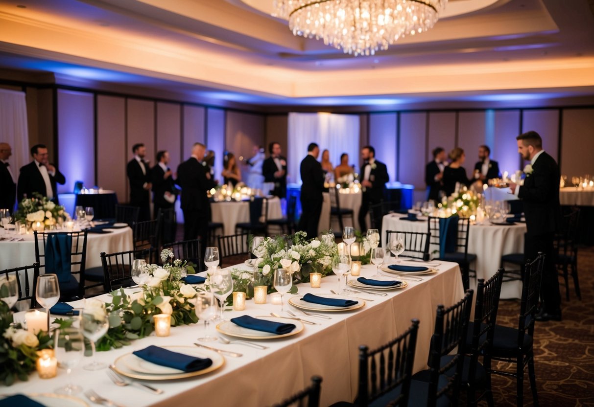 A wedding reception with elegant decor and adult-focused activities, such as wine tasting and live music, creating a sophisticated and relaxed atmosphere