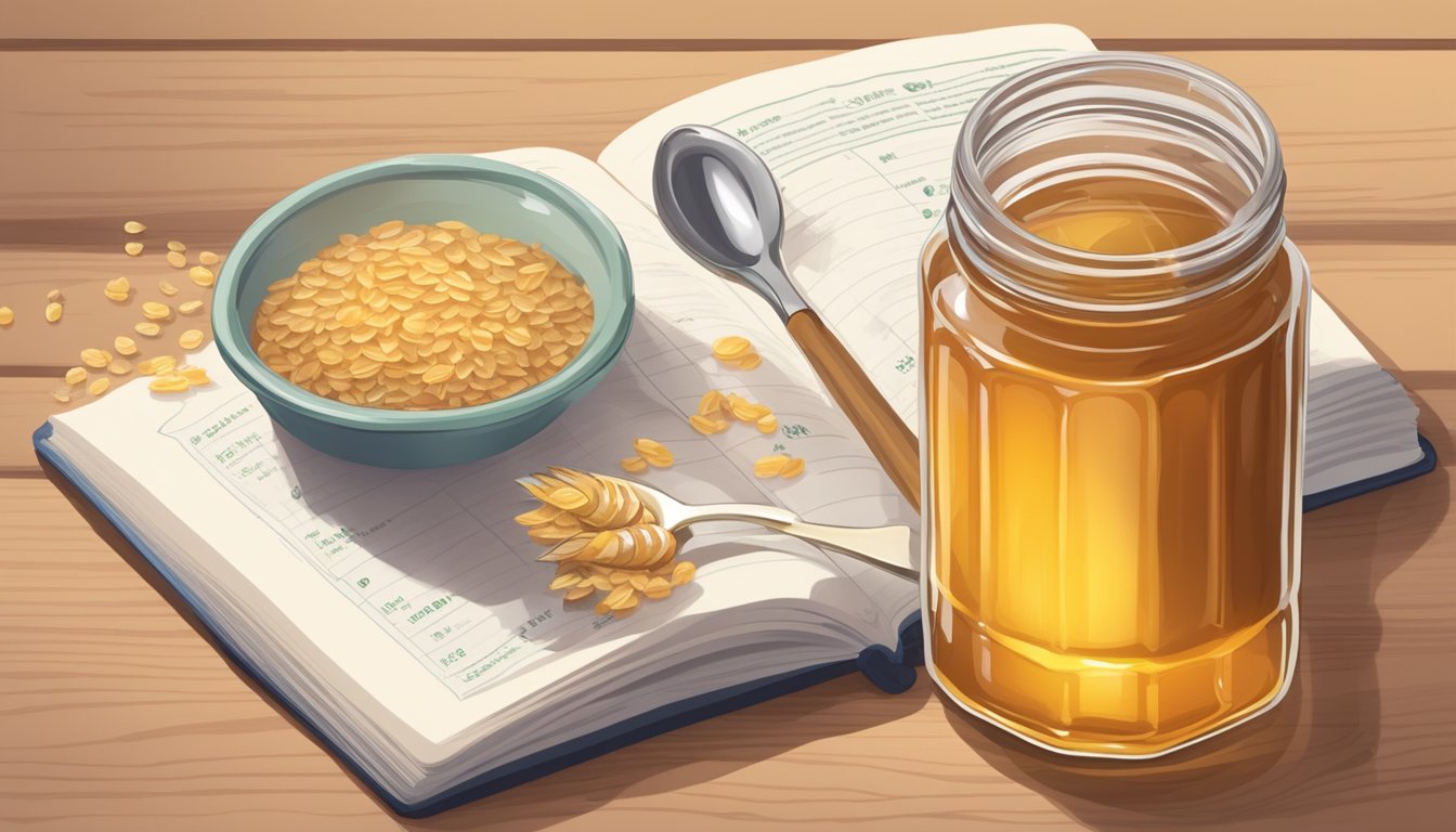 A jar of oat syrup next to a jar of honey, with a measuring spoon and a recipe book open to a page about sweetener substitutions