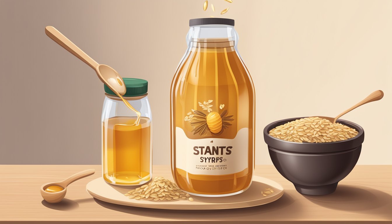 A jar of honey and a bottle of oat syrup side by side, with a measuring spoon pouring syrup into a bowl of oats