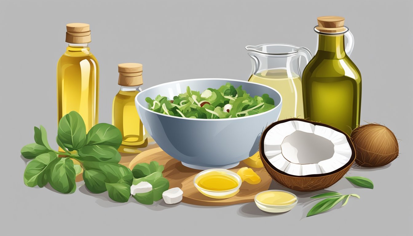 A bowl of salad with a bottle of olive oil next to a jar of coconut oil, with various ingredients scattered around