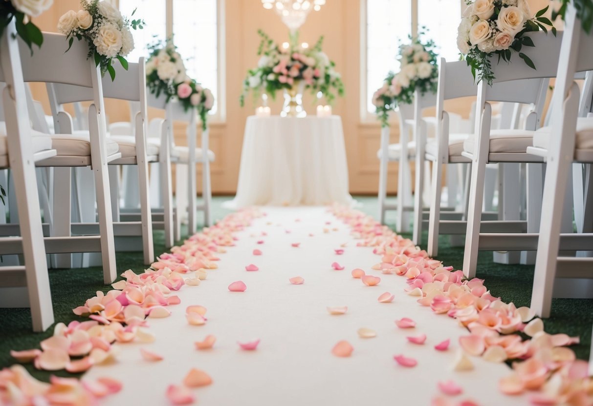 Rose petals scattered along a white aisle, leading to an elegant altar adorned with blooms. Soft light filters through the windows, casting a warm glow on the scene