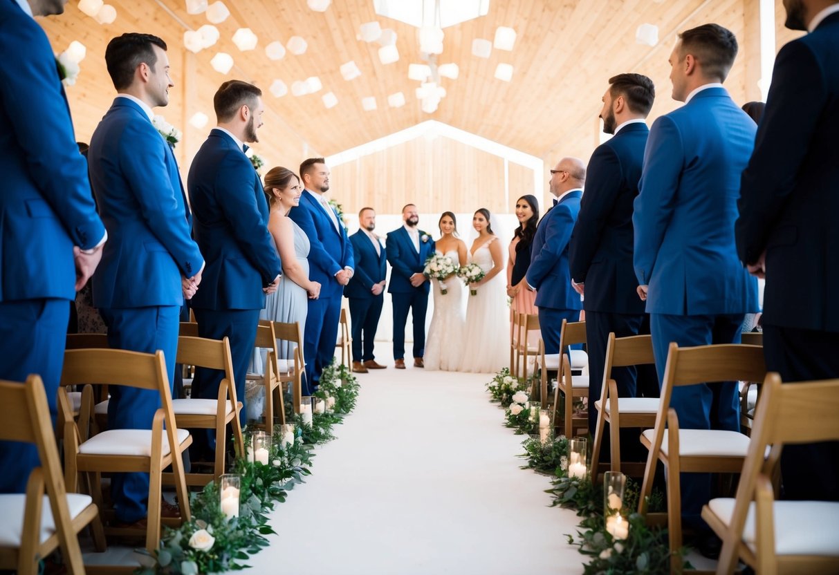 A group of men standing on one side of a wedding aisle, facing a group of women on the other side
