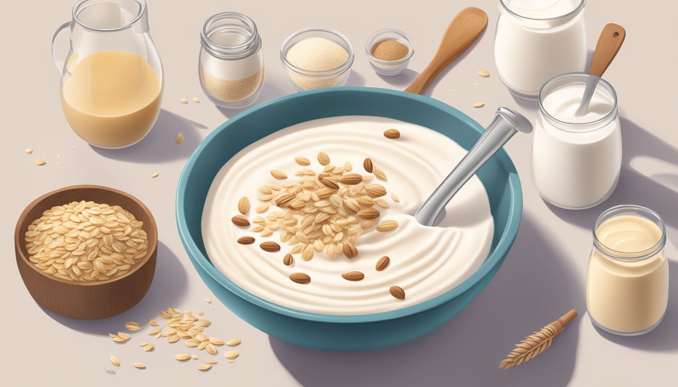 A glass of oat milk being poured into a mixing bowl surrounded by various baking ingredients and utensils