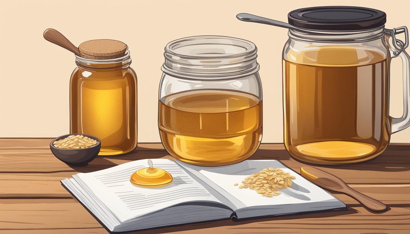 A jar of oat syrup next to a jar of honey on a wooden table, with a measuring spoon and a recipe book open to a page about substitution techniques