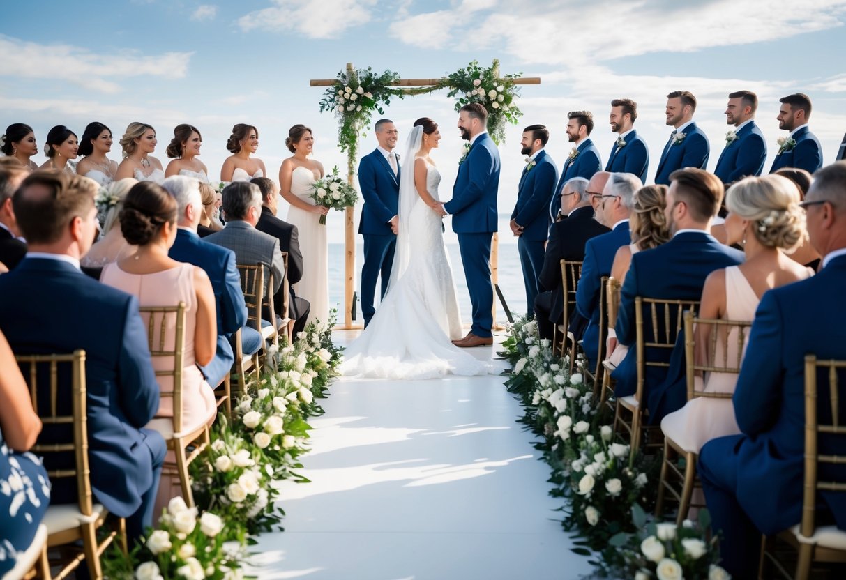 A wedding ceremony with two separate sides for the bride and groom, with guests seated on either side