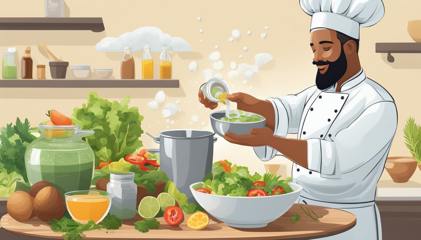 A chef pouring coconut oil into a mixing bowl surrounded by various salad dressing ingredients