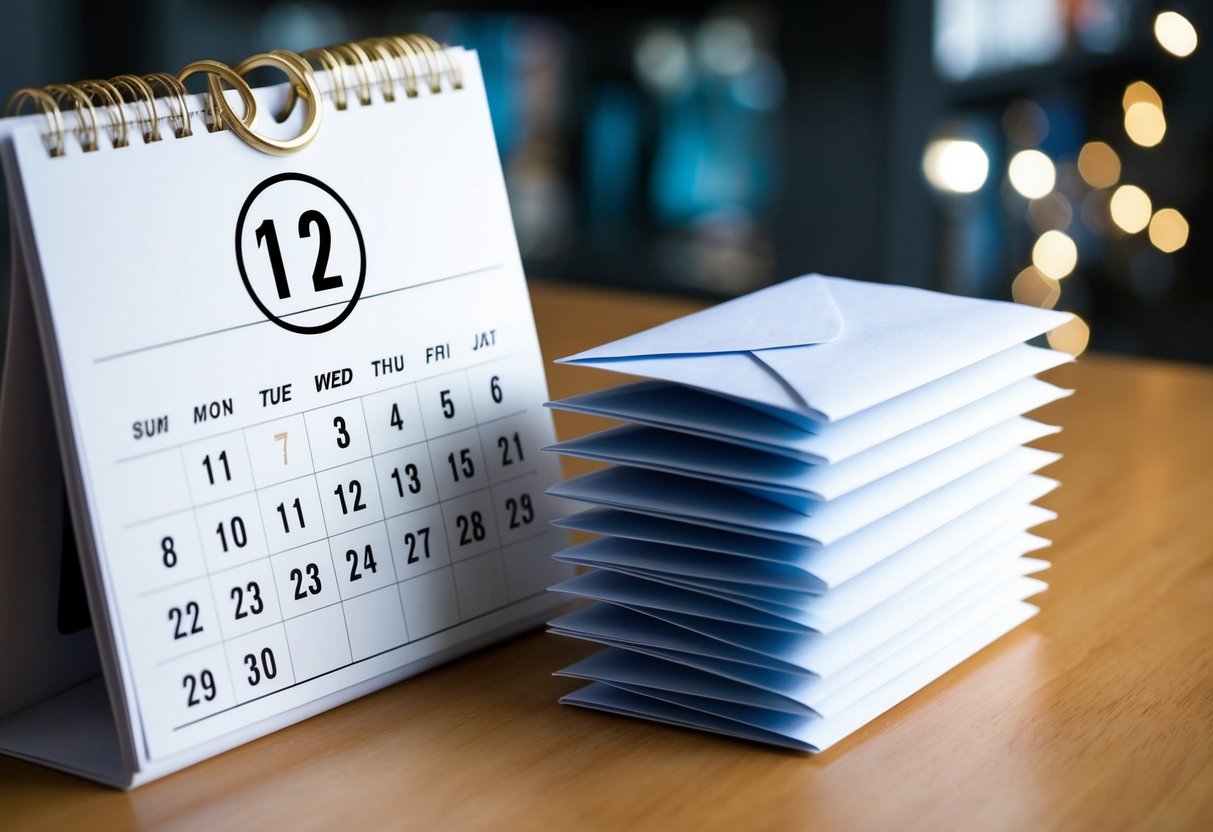 A calendar with a circle around a date and a stack of envelopes next to it