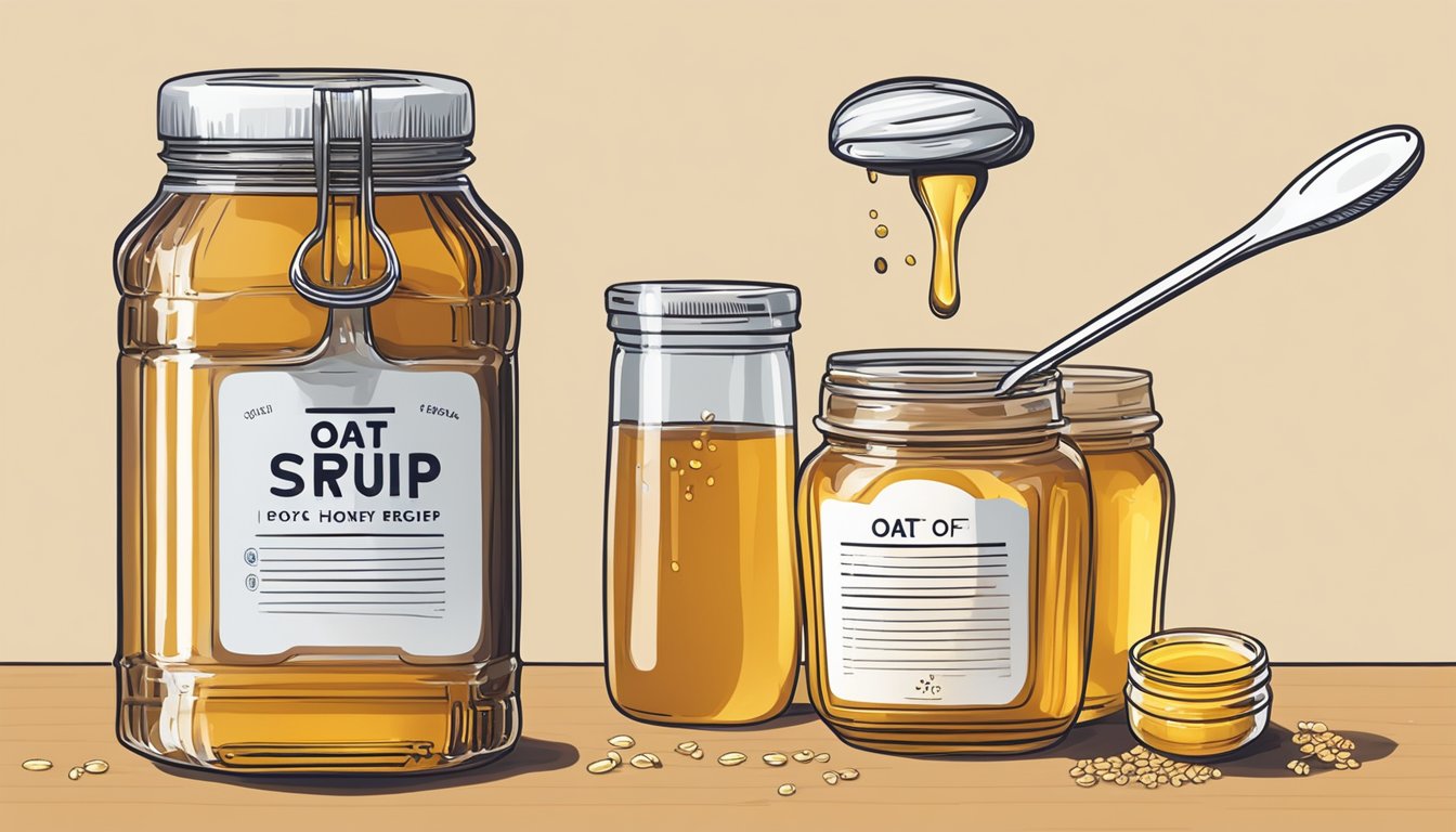 A jar of oat syrup next to a jar of honey, with a measuring spoon pouring syrup into a recipe