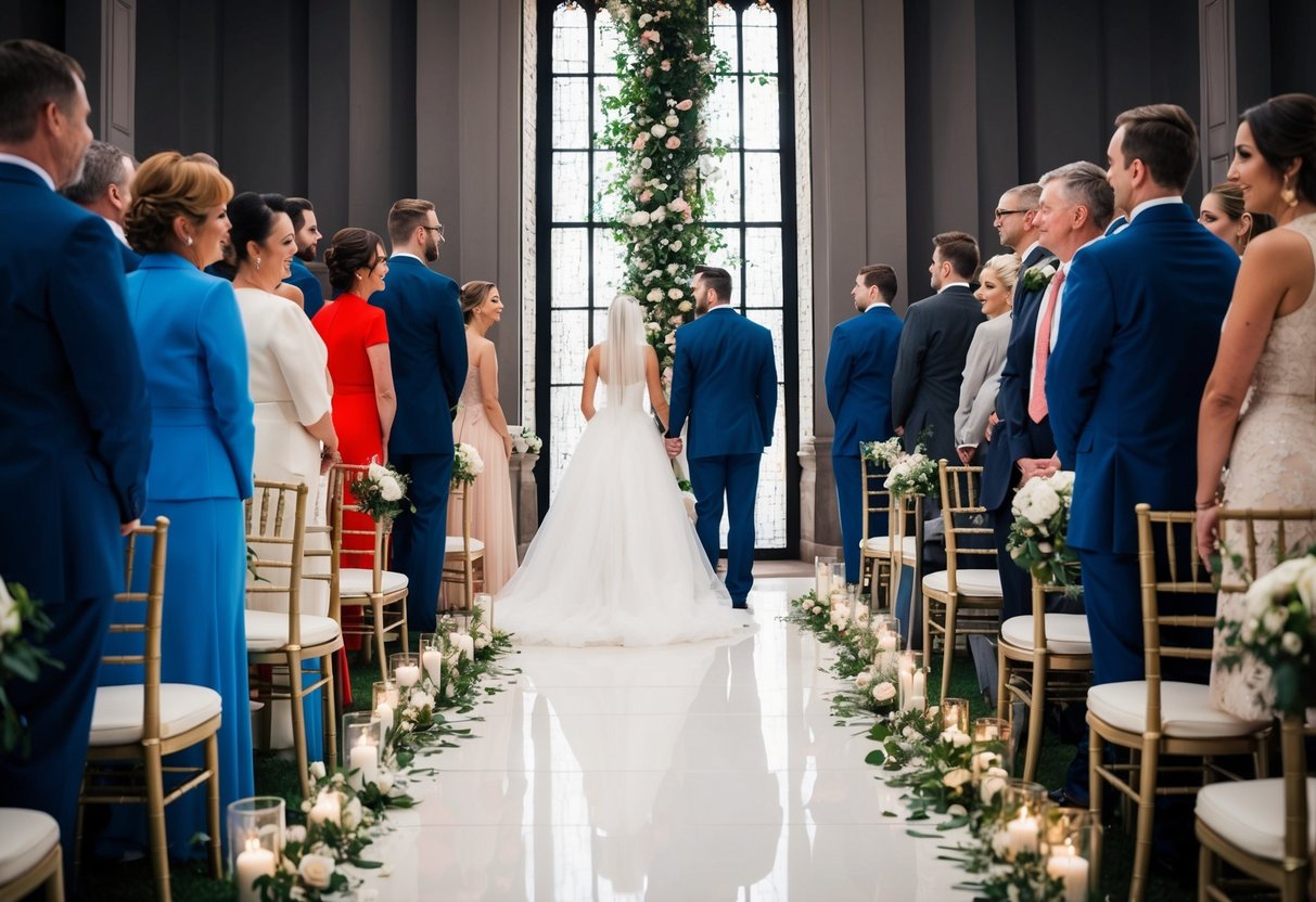 A wedding scene with two distinct groups of people standing on either side of a central aisle, with the bride positioned on one side and the groom on the other