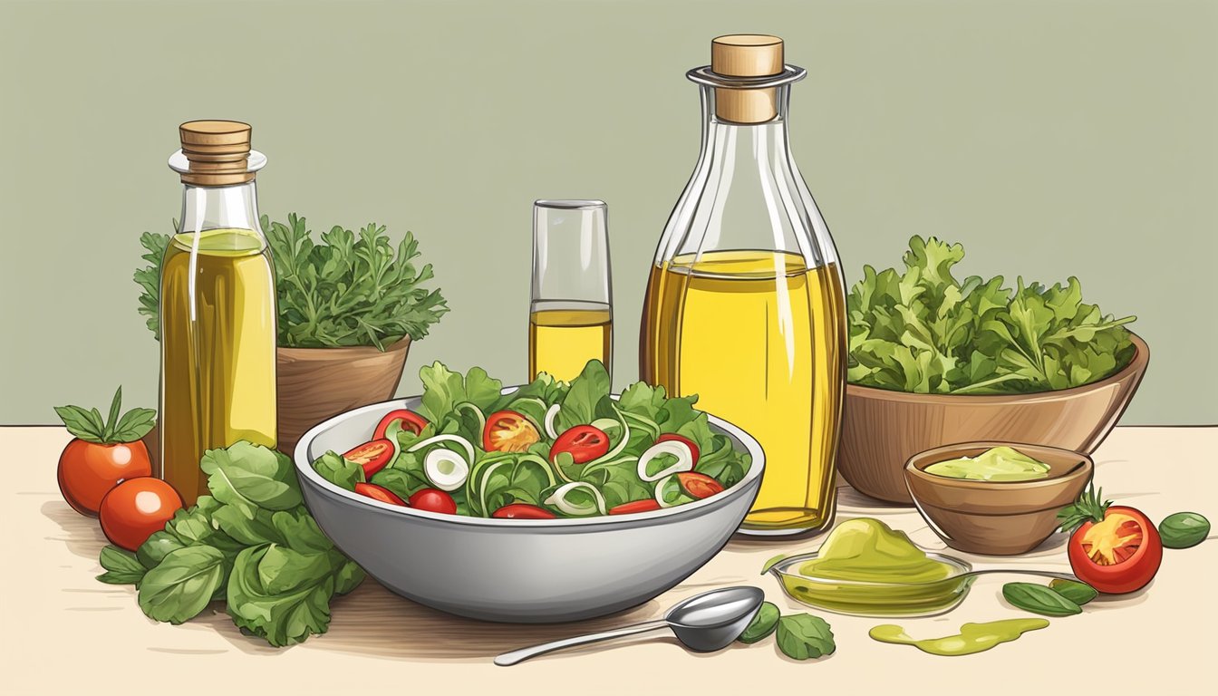 A bowl of salad with a bottle of olive oil next to it, a measuring spoon pouring oil into a mixing bowl with other dressing ingredients