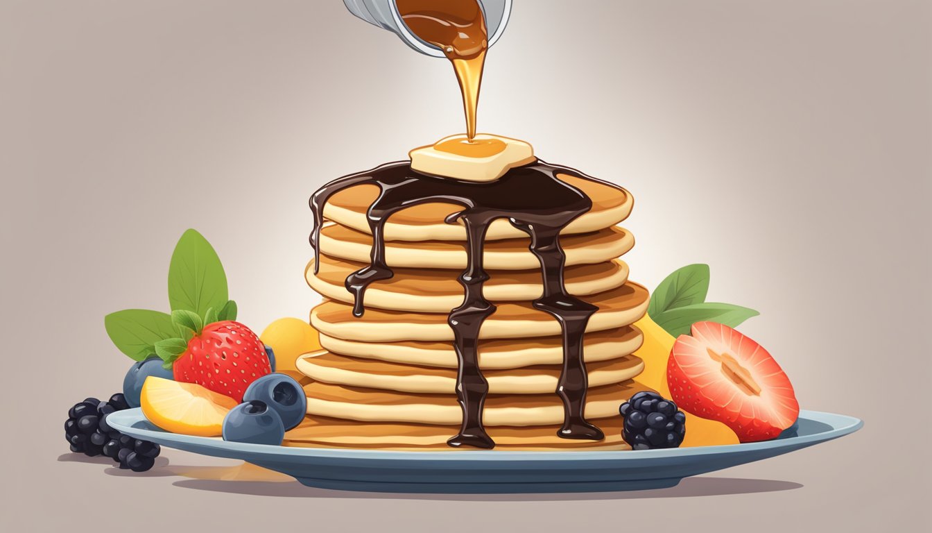 A jar of oat syrup being poured over a stack of pancakes, with a bowl of fresh fruit and a drizzle of syrup on the side