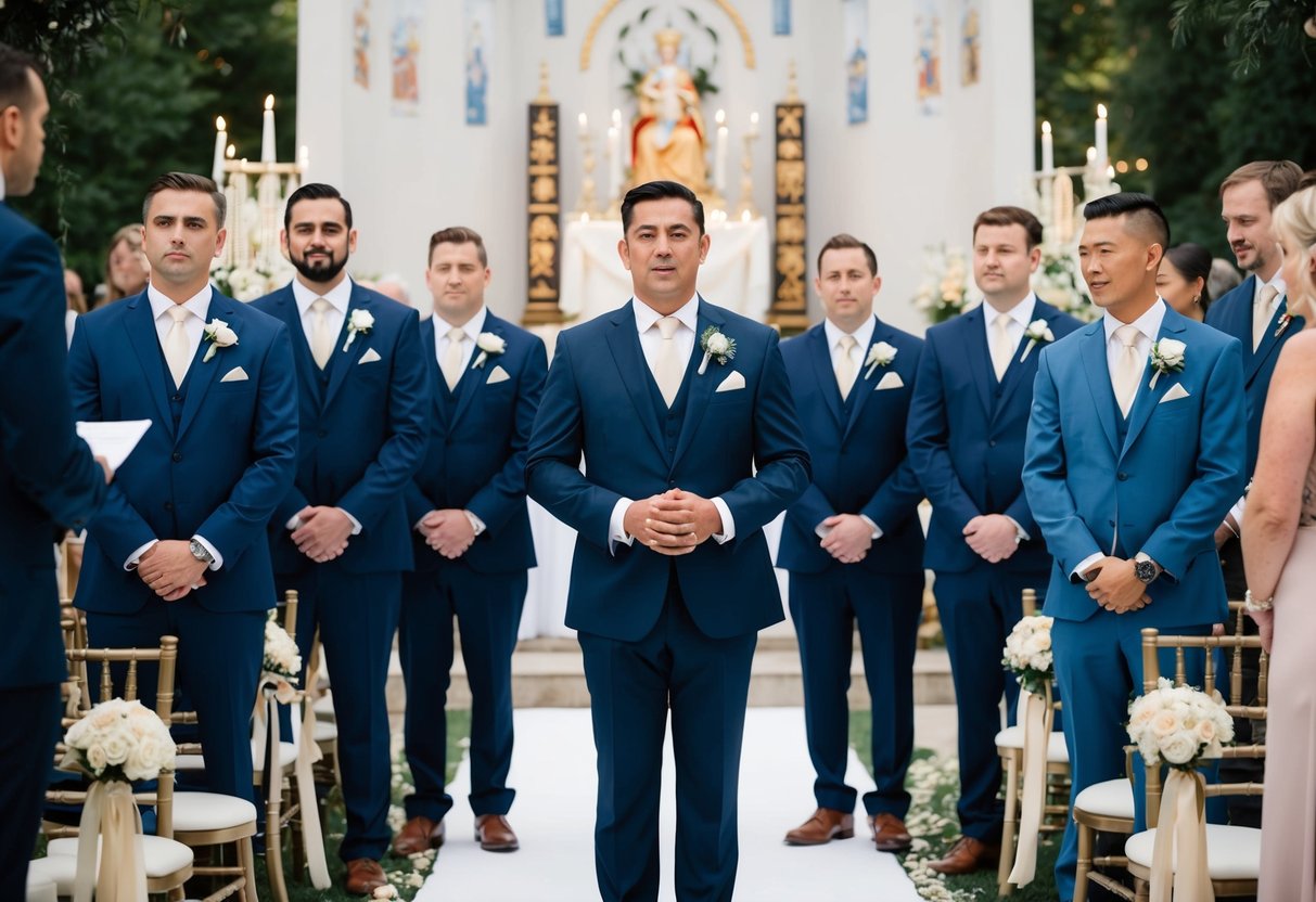 A group of men in formal attire stand on the bride's side of the aisle, surrounded by symbolic elements and ceremonial details
