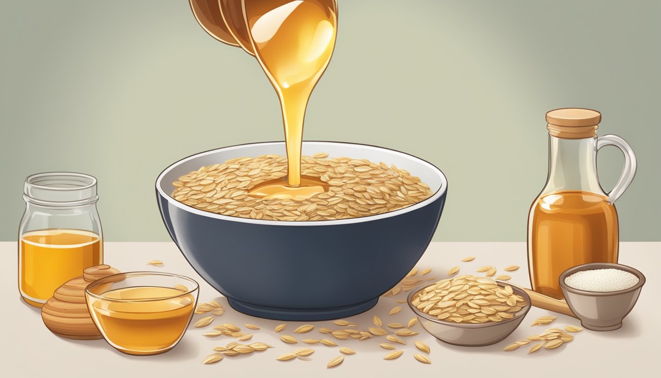 A jar of oat syrup pouring into a bowl of ingredients, replacing honey