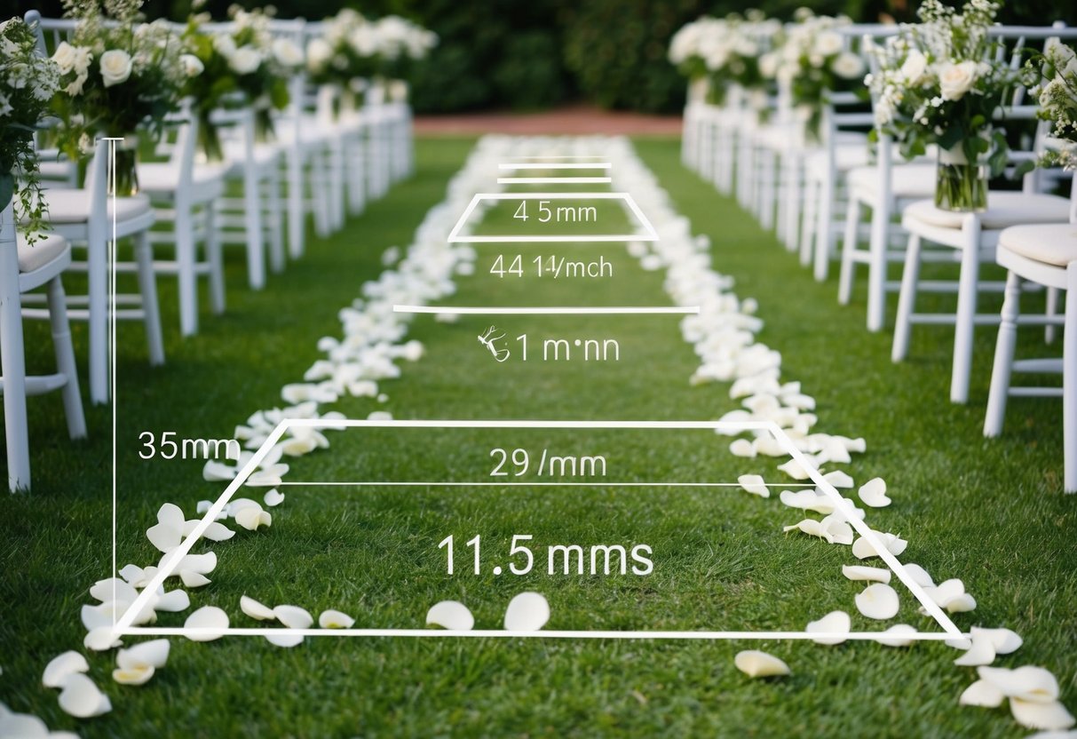 A wedding aisle lined with flower petals in a garden, with a measurement of the area to determine the needed quantity of petals