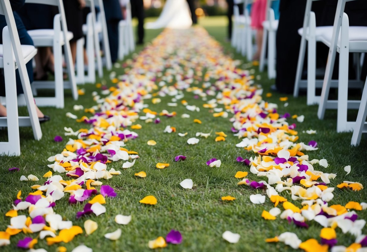 A wedding aisle lined with various types of flower petals, covering the ground in a colorful and fragrant display