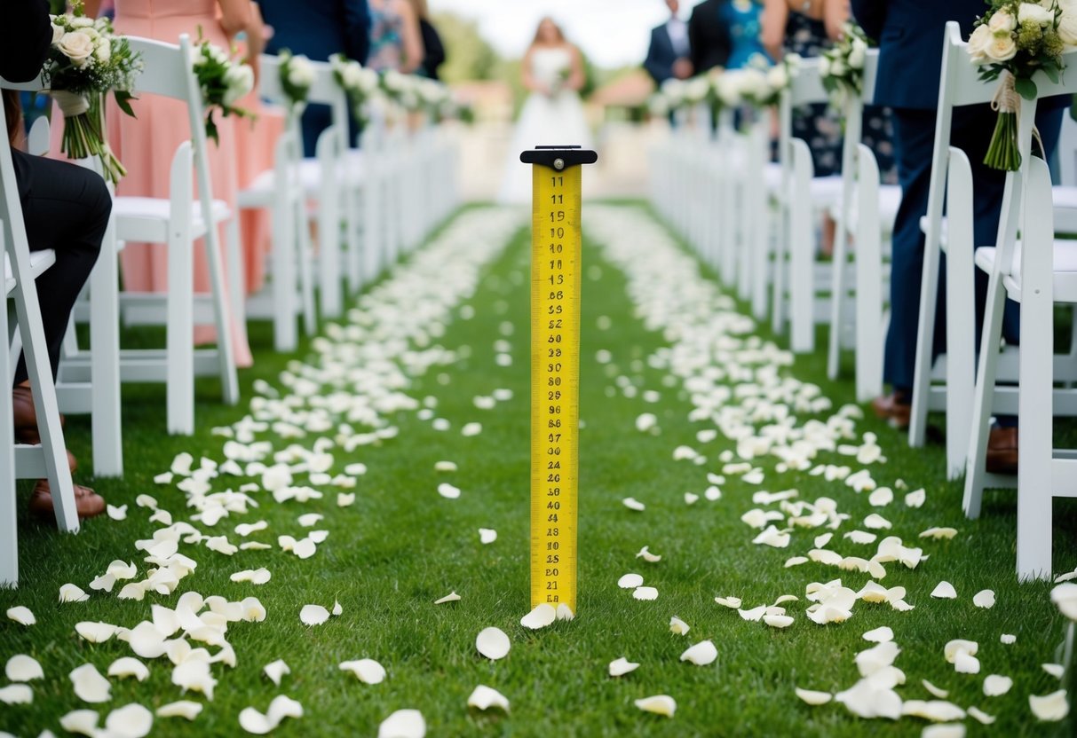 A wedding aisle lined with scattered flower petals, measuring and calculating the required liters for the perfect floral display