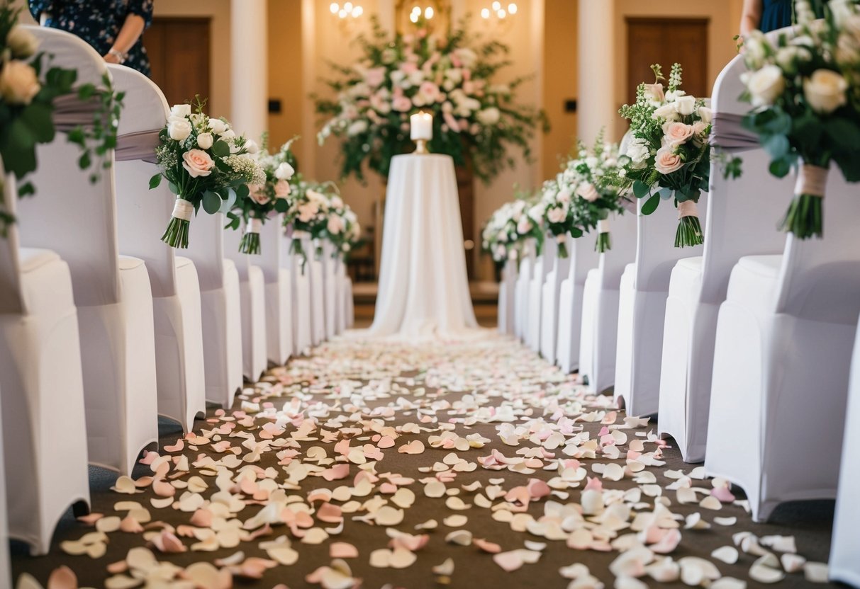 A wedding aisle scattered with rose petals, leading to an altar adorned with floral arrangements