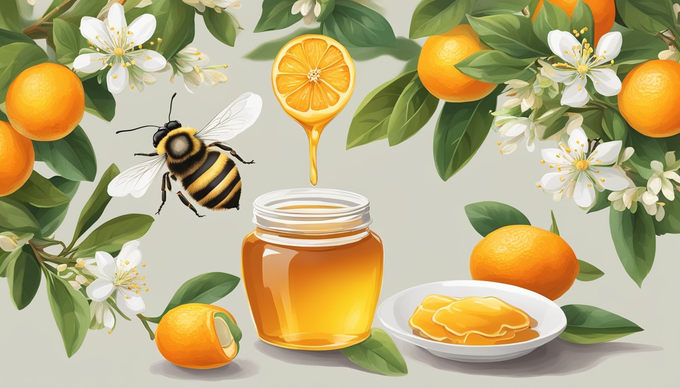 A jar of orange blossom honey sits next to a bowl of regular honey, surrounded by fresh orange blossoms and a buzzing bee