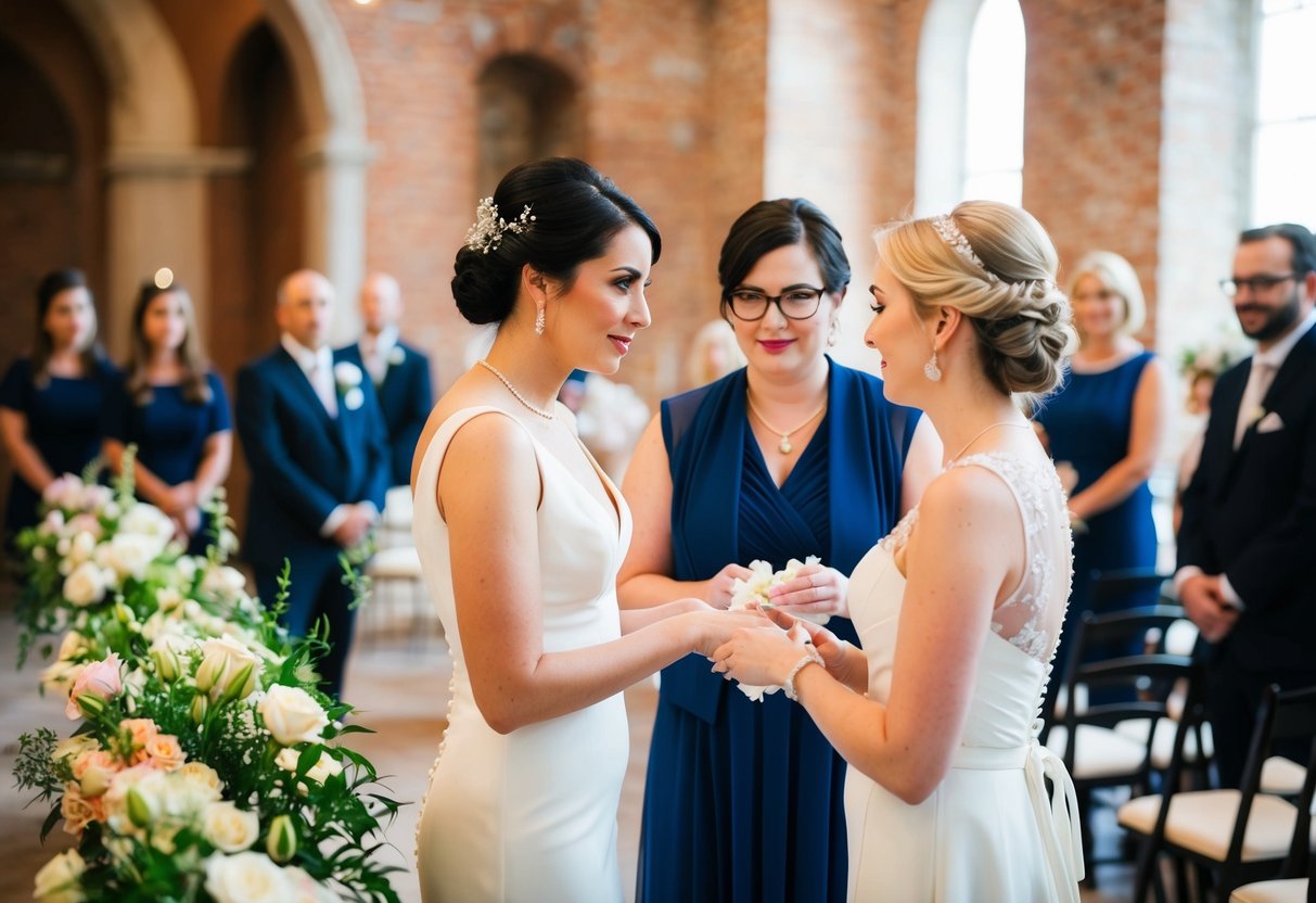A bride and florist discussing flower petal quantities for a wedding aisle