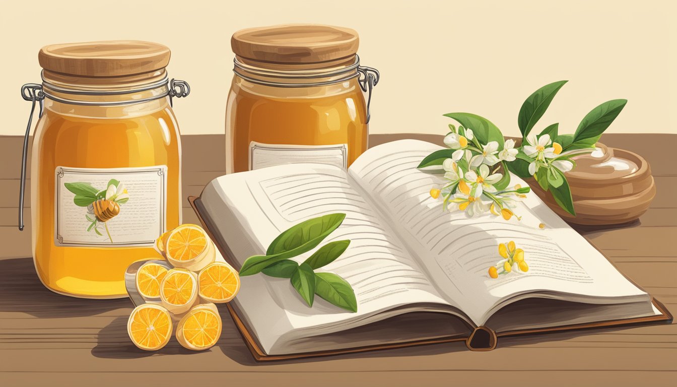 A jar of orange blossom honey next to a jar of regular honey, with a recipe book open to a page on honey substitutions