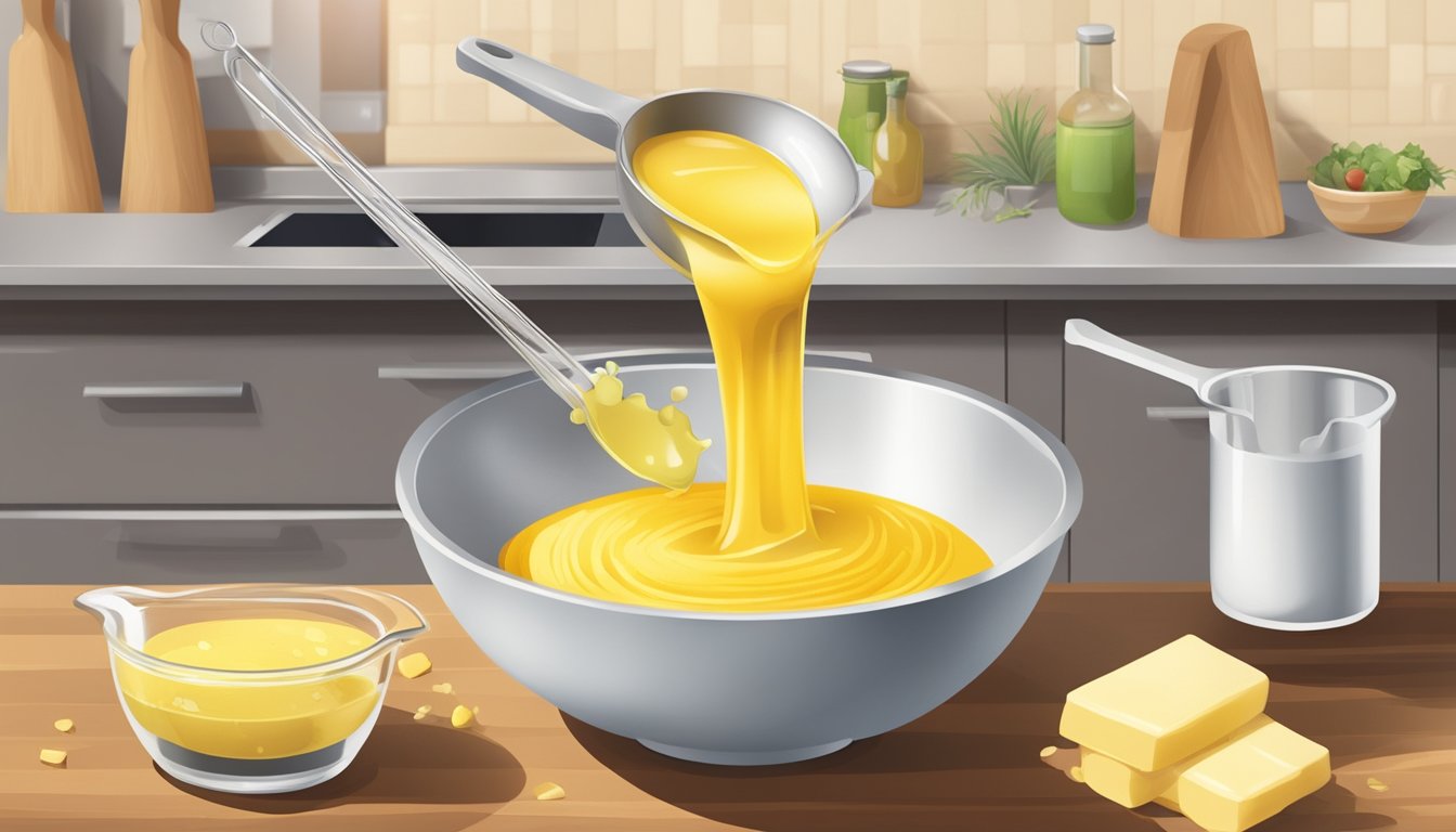 A mixing bowl with oil being poured into it, next to a measuring cup of melted butter. Various cooking utensils and ingredients are scattered around the kitchen counter