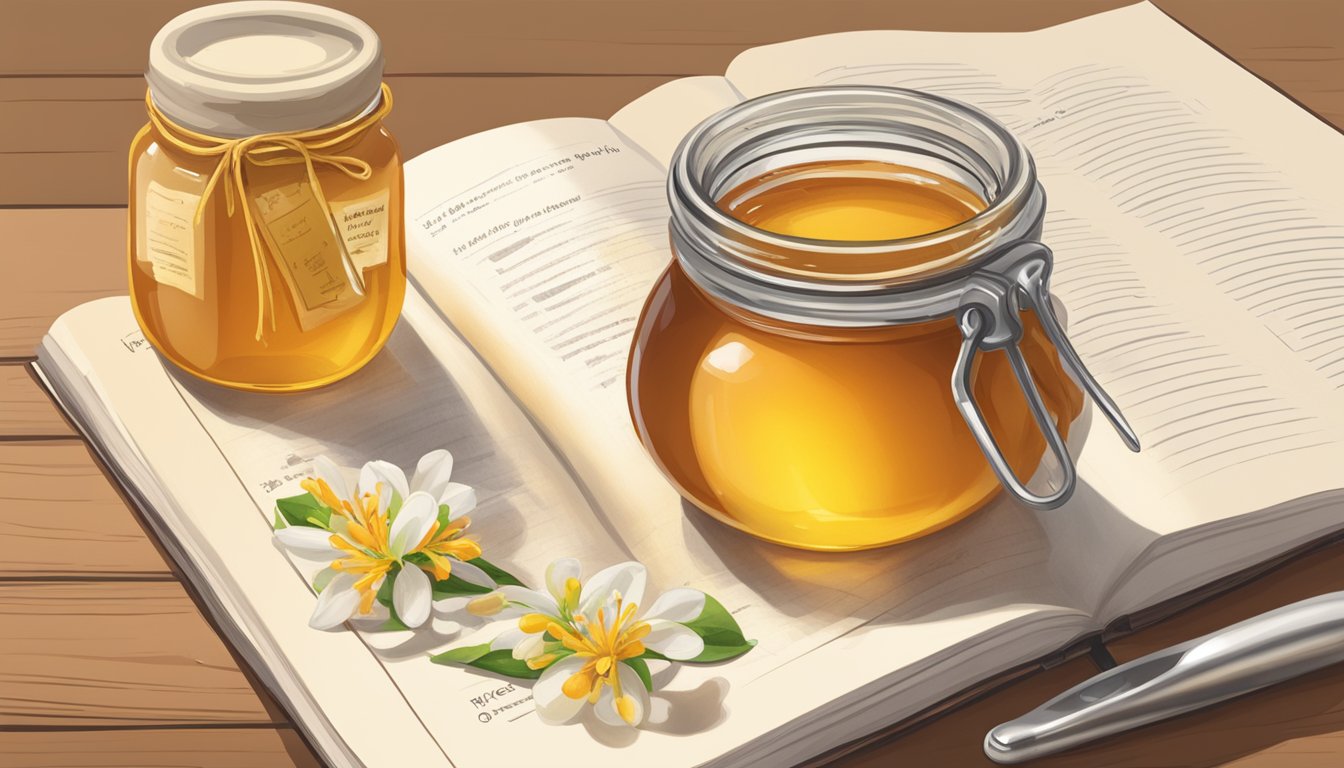 A jar of orange blossom honey sits next to a jar of regular honey, with a measuring spoon and a recipe book open to a page on sweetener substitutions