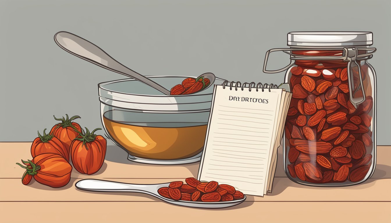 A jar of oil-packed sun-dried tomatoes next to a bowl of dry-packed sun-dried tomatoes, with a measuring spoon and a recipe book in the background