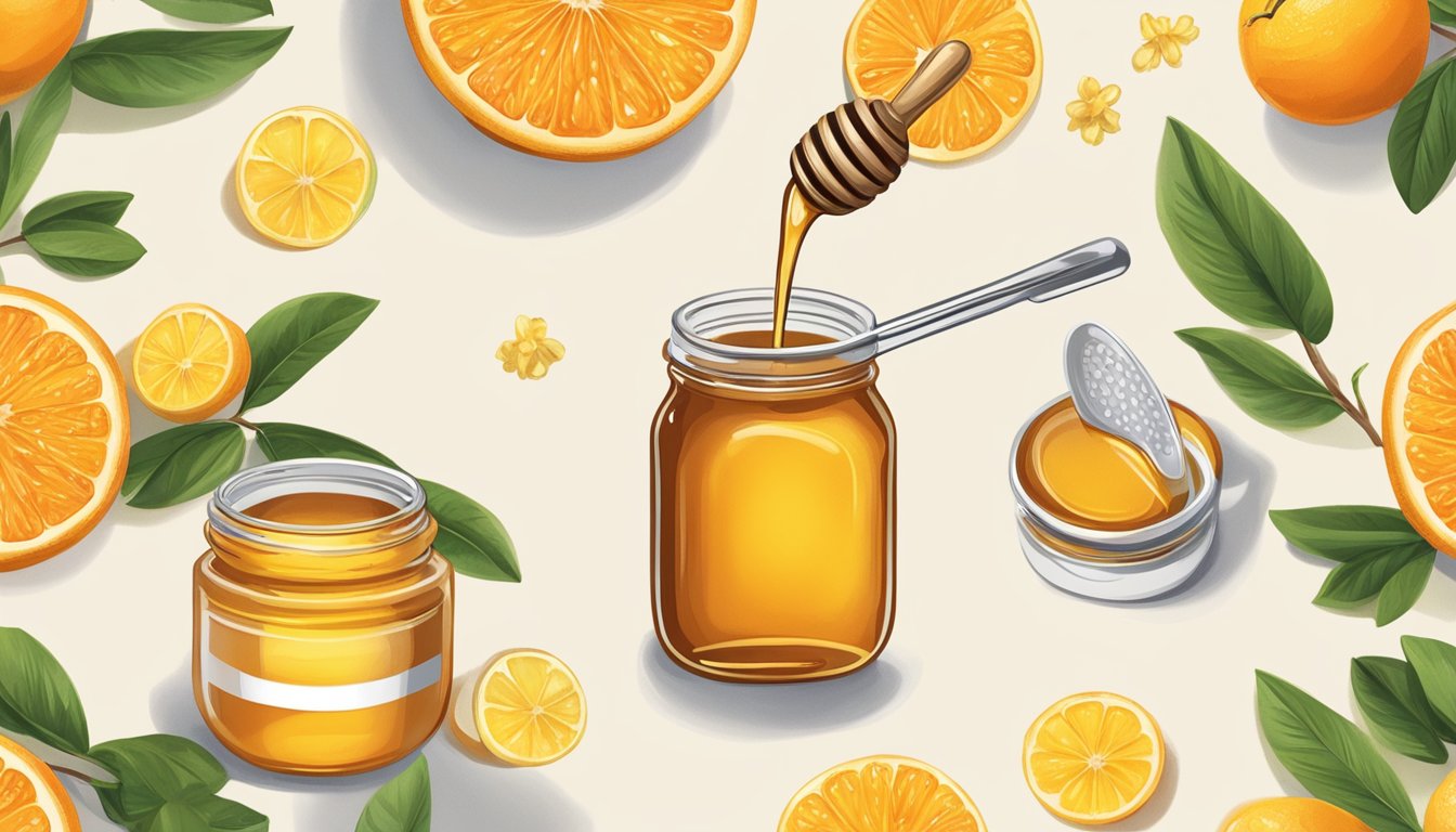 A jar of orange blossom honey pouring into a measuring spoon, next to a jar of regular honey