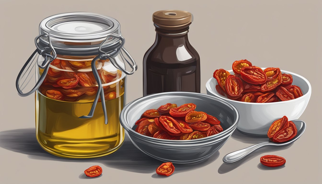 A jar of oil-packed sun-dried tomatoes next to a bowl of dry-packed sun-dried tomatoes, with a measuring spoon and a bowl of olive oil