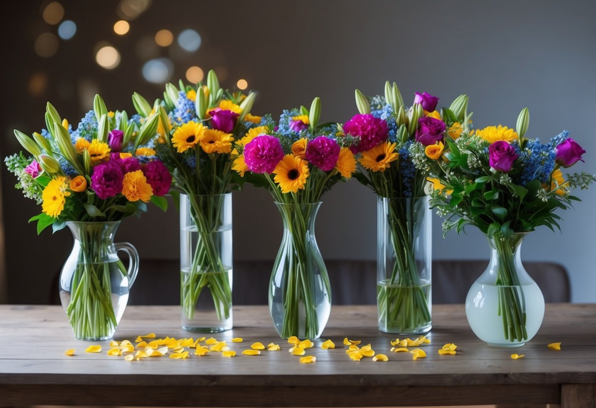 Several bouquets of flowers arranged in vases of varying heights, with petals scattered on a wooden table