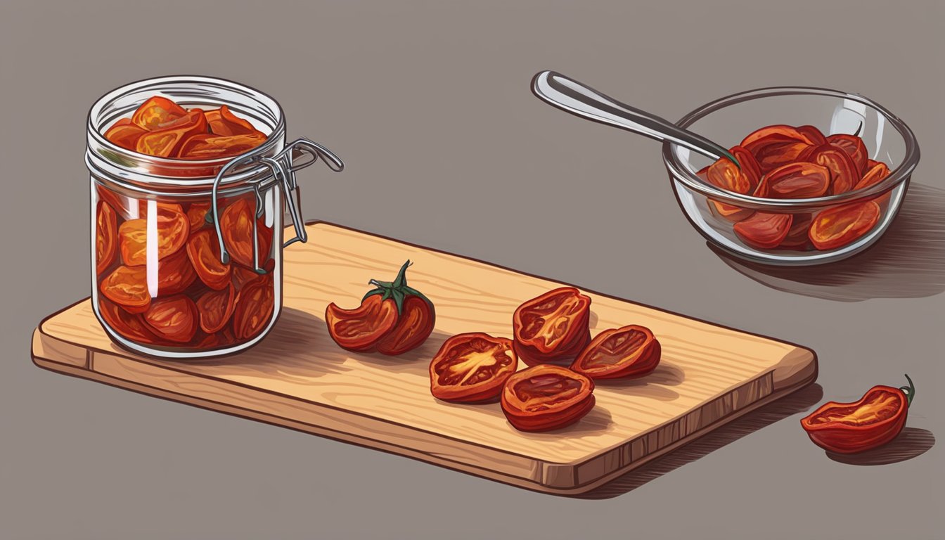 Sun-dried tomatoes spill from a jar onto a cutting board, while a measuring cup of oil sits nearby. A chef's hand reaches for the tomatoes