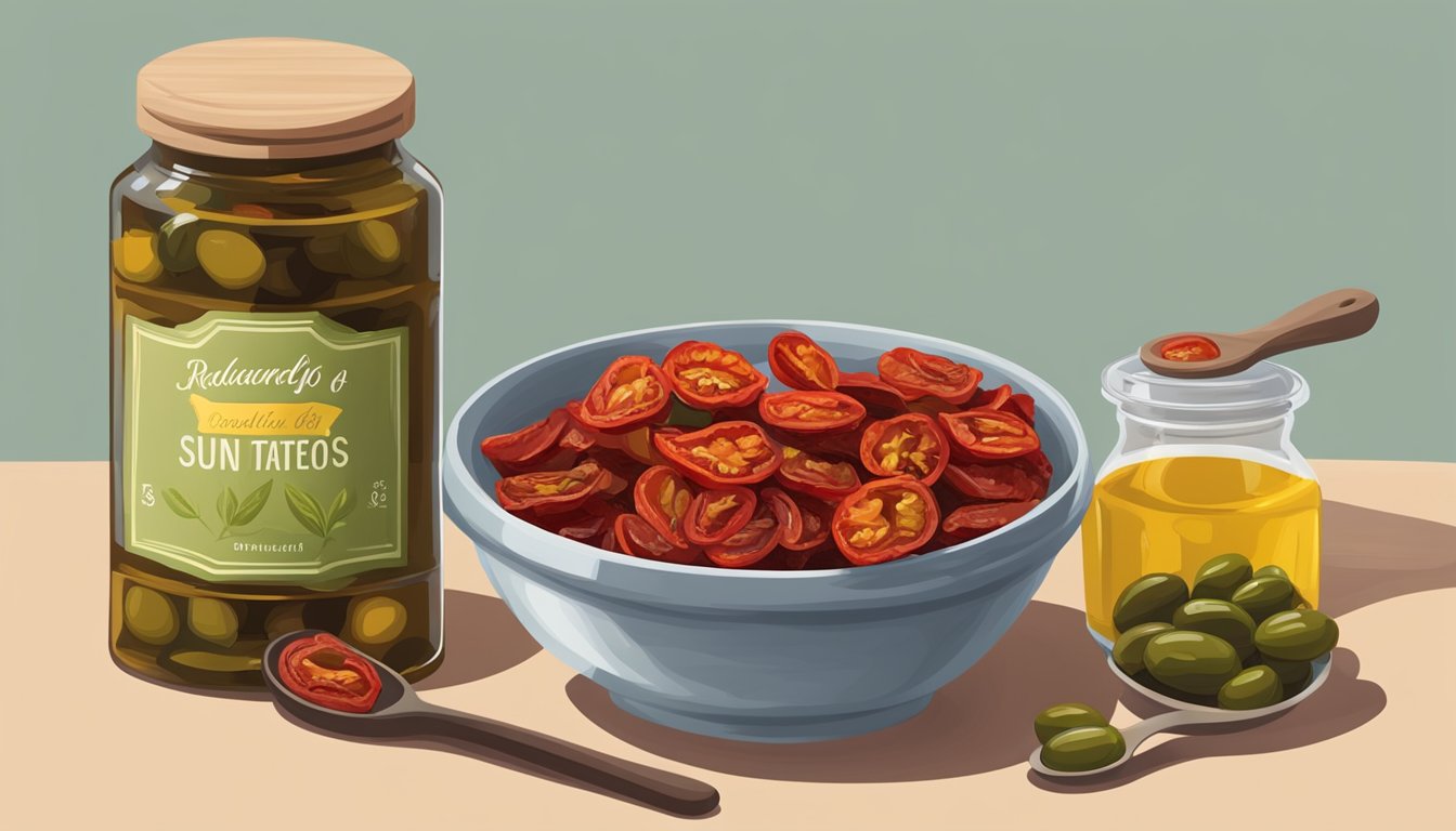 A jar of oil-packed sun-dried tomatoes sits next to a bowl of dry-packed ones, with a measuring spoon and a bottle of olive oil nearby