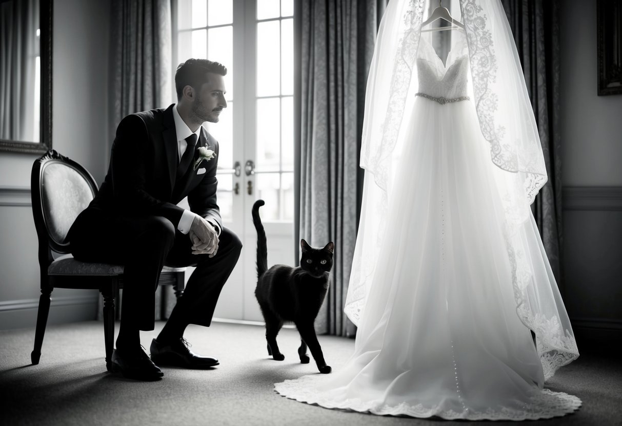 A groom gazes at a traditional wedding veil hanging on a chair, while a black cat crosses his path